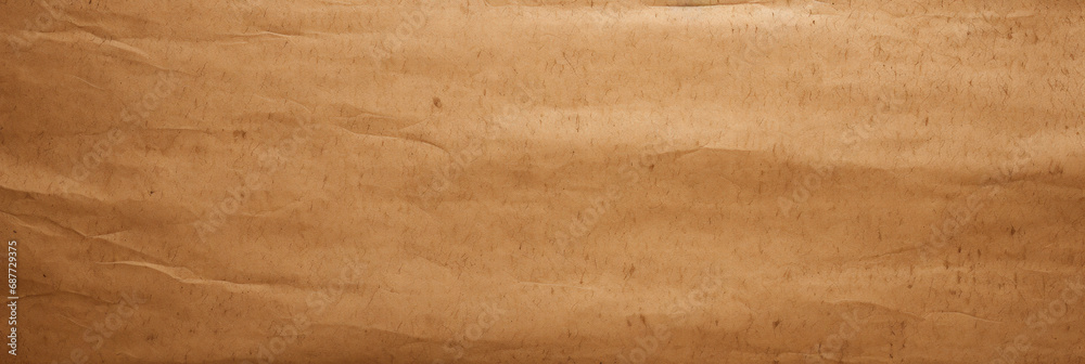 Old brown paper texture background, vintage kraft wrapping sheet wide banner. Rough craft cardboard for packaging or painting. Theme of parchment, recycle, nature and template - obrazy, fototapety, plakaty 