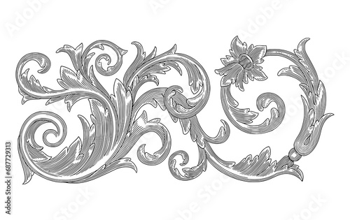 Vintage baroque floral ornament frame, leaf scroll engraved illustration