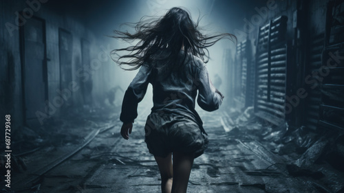 Adult girl runs away alone at night along dark corridor or alley, back view of scared young woman. Female person escapes like in thriller or horror movie. Concept of terror, cinematic