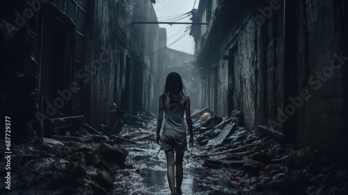 Lost girl walks away alone along dark spooky alley, back view of scared young woman in creepy grungy place. Female person like in thriller or horror movie. Concept of victim, cinematic photo