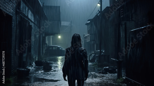 Young woman walks alone in rain at night on dark grungy street, back view of adult girl in spooky place. Female person like in thriller or horror movie. Concept of crime, cinematic