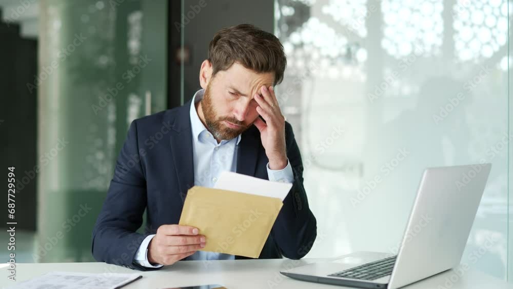 Disappointed businessman in formal suit reading letter with bad news while sitting at a desk at a workplace in business office. Worried sad entrepreneur frustrated by received unpleasant notification Disappointed businessman in formal suit reading letter with bad news while sitting at a desk at a workplace in business office. Worried sad entrepreneur frustrated by received unpleasant notification