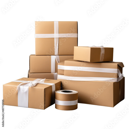 Stacked brown cardboard boxes with ribbons and tape, symbolising ready shipment or gifts.