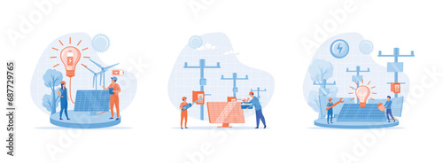 Solar energy panel installation, Panel or Wind Turbine Maintenance with Home Service Team For Electricity Network Operation, Renewable energy. Solar energy panels set flat vector modern illustration
