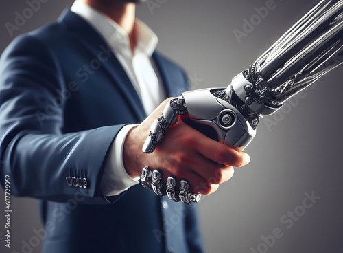 Businessman in suit shaking robot hand