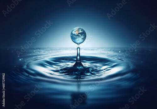 Earth like water drop splashes into rippling water