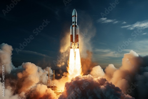 Rocket launch. Background with selective focus and copy space. Photorealistic style