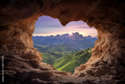 Heart-shaped cave and beautiful nature view. Background with selective focus and copy space