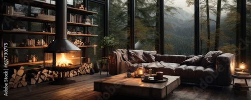 Salon moderne avec un poêle à bois en train de fonctionner pendant l'hiver dans un chalet à la montagne photo