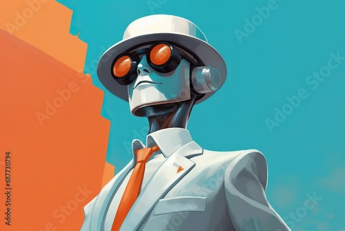 Self confident cool robot dressed as a spy, concept of Artificial intelligence