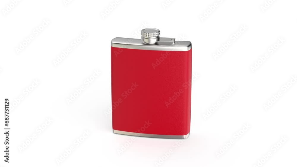 Silver hip flask with red leather on white background 