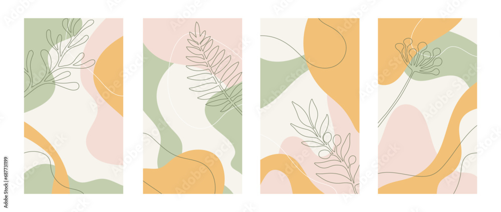 Set of vector backgrounds in warm colors with organic shapes and plant leaf images. Background for story and social media post, wedding invitation, greeting card, packaging, branding design, banner