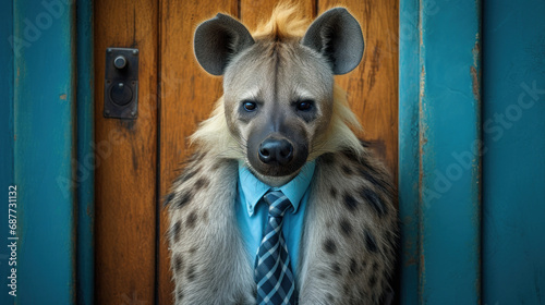 une hyène anthropomorphe, allégorie du commercial malhonnête qui vient sonner à la porte