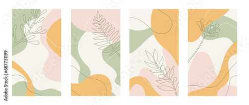 Set of vector backgrounds in warm colors with organic shapes and plant leaf images. Background for story and social media post, wedding invitation, greeting card, packaging, branding design, banner