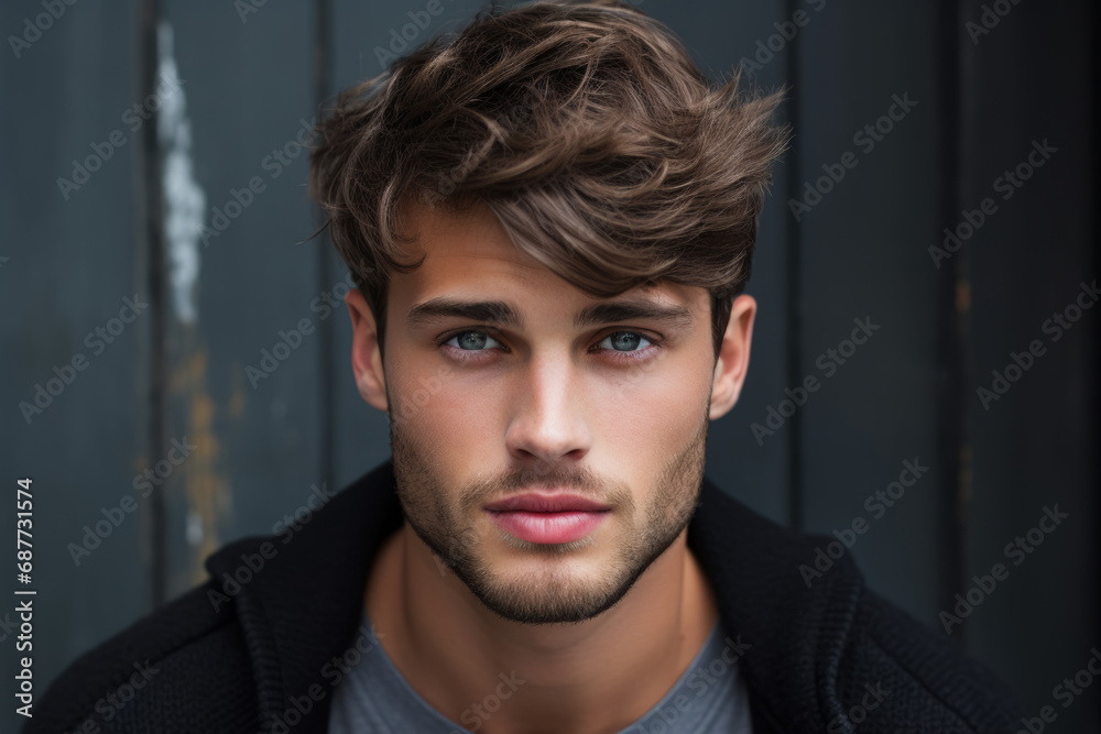 Obraz premium A young man portrait, light brown hair, swept fringe with tapered sides and a stubble beard