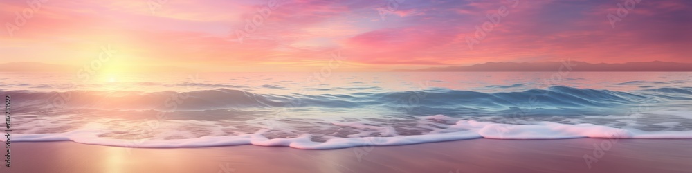 A breathtaking beach sunset with golden sand, gentle waves, and vibrant hues of orange, pink, and purple in the sky