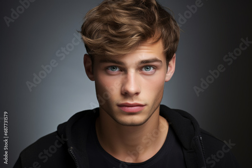 A young man portrait, light brown hair, swept fringe with tapered sides and a stubble beard