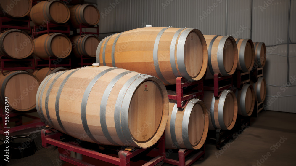 Oak barrels with red wine, ageing on winery Oak barrels with red wine, ageing on winery
