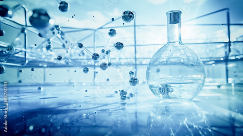 A laboratory flask filled with a clear liquid is surrounded by floating molecules in a blue-tinted laboratory setting, creating a futuristic feel, ai generative photo