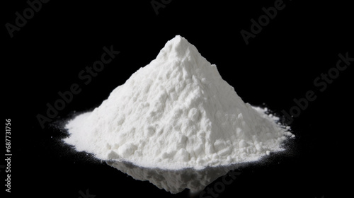 Pile of white powder looking like cocaine or amphetamine isolated on black background photo