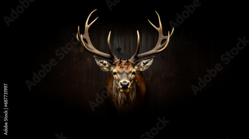 Stuffed deer head with big antlers on dark wooden wall