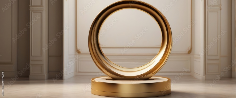 A gold ring-shaped product display podium inside the room. A gold ring-shaped product display podium inside the room.