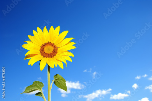 A sunflower against a blue sky with clouds  yellow petals  large green leaves