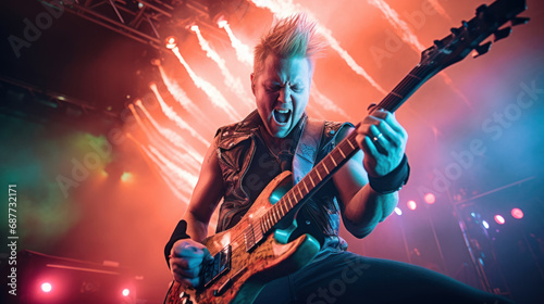 Passionate rock star playing guitar on music festival stage