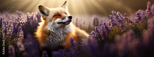 Fluffy red fox in lavender flowers