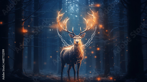 Silver glowing magical stag in dark forest photo