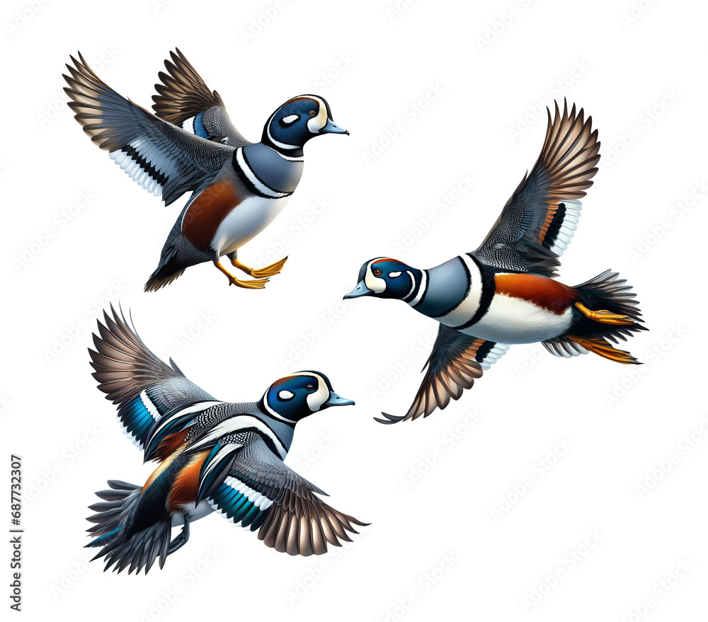 Fototapeta premium A set of Harlequin Ducks flying on a transparent background