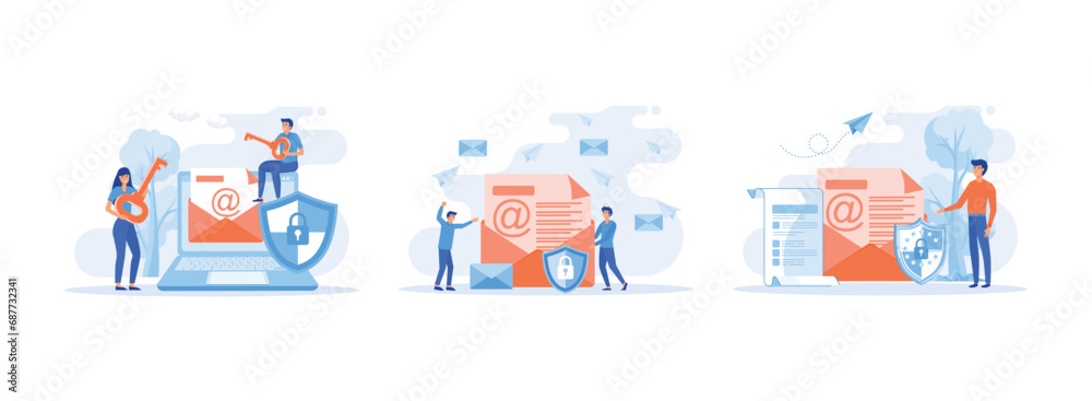 Email encryption concept, Secure, encrypted messages, emails, Internet data protection. Email encryption set flat vector modern illustration Email encryption concept, Secure, encrypted messages, emails, Internet data protection. Email encryption set flat vector modern illustration