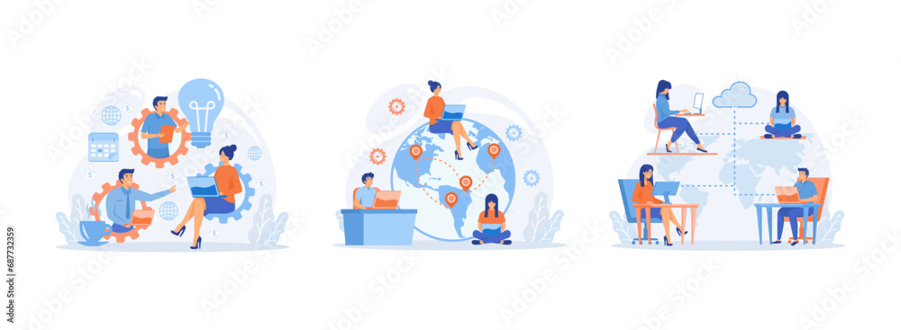 Fototapeta premium Outsourcing concept, Work outsourcing and telecommuting, Business Outsourcing. Outsourcing set flat vector modern illustration 