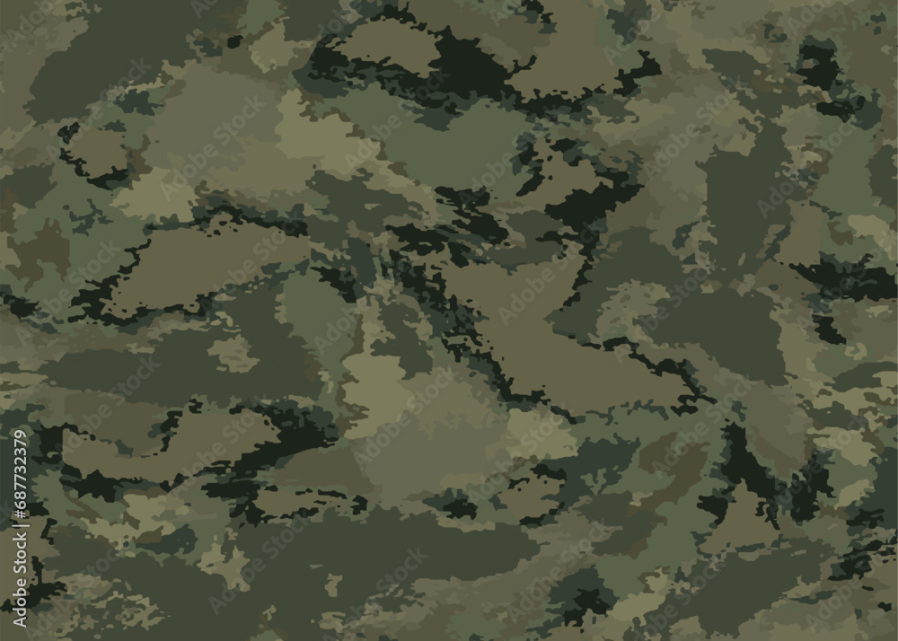 Full seamless watercolor camouflage texture print pattern. Usable for Jacket Pants Shirt and Shorts. Army textile fabric. Unique tie dye military camo. Vector illustration.
