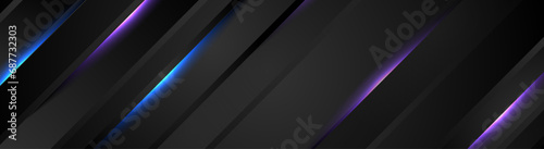 Abstract black striped background with ultraviolet and blue neon glowing lights. Vector technology banner design