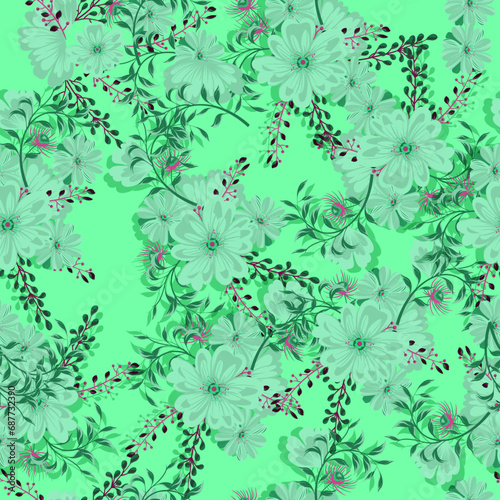 Full seamless floral pattern with daisies on a light green background. Vector for textile fabric print. Great design for fabrics, wrapping, textures, backgrounds.