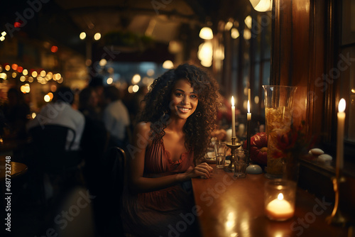 Single's Day, African-American woman celebrates Single's Day by going out to dinner by herself. She is wearing a party dress and is in a restaurant.