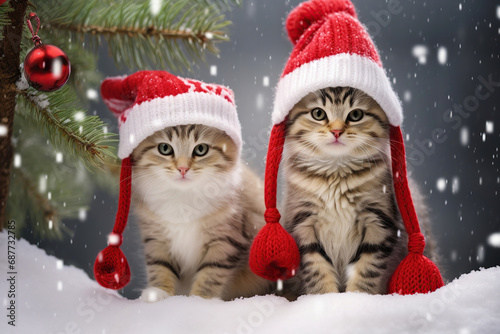 Cute cats in Christmas suits sit near the Christmas tree. Lights, holiday spirit. Generative AI.
