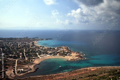 The sea and the beach from a bird s eye view in Stavros  on the island of Crete