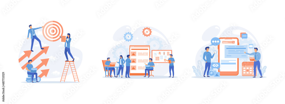 Business development and career growth, business team working, digital mobile application development and design process. Business development set flat vector modern illustration Business development and career growth, business team working, digital mobile application development and design process. Business development set flat vector modern illustration