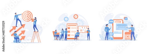 Business development and career growth, business team working, digital mobile application development and design process. Business development set flat vector modern illustration