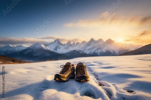 Hiking shoes in the snow with a high mountain view