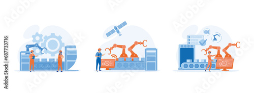 Smart industry, innovative manufacturing. Smart industrial revolution.Engineer working with interactive interface. Smart industry set flat vector modern illustration