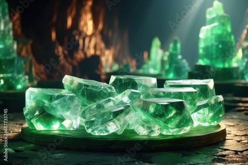 Crystal jade rods are displayed on a podium in a shimmering cave.