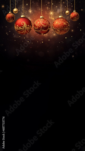 Christmas holiday concept banner with Christmas red and gold ornament balls, isolated on black background, copy space. Winter holidays, New Year, vertical.