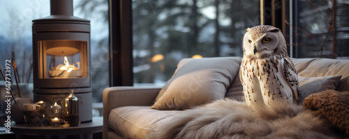 une chouette blanche posée au chaud sur un canapé à l'intérieur d'un salon contemporain dans la forêt