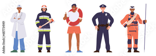 Professional emergency services as firefighter, police officer, lifesaver, doctor, electrician set