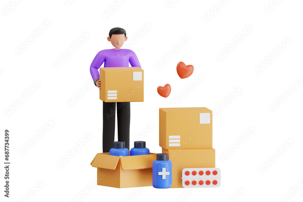 Medicine Donation 3D Illustration. Boy Collects Medical Donations 3D Illustration