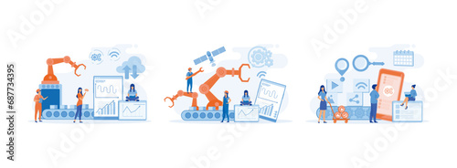 Smart Factory. User connecting with a tablet, loading a smart phone and sharing media data with a system. Smart industry set  flat vector modern illustration photo
