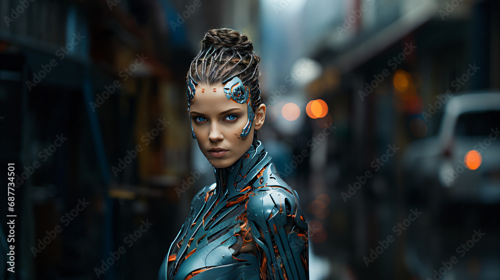female robot face concept, AI artificial intelligence, advanced lifeform, new species, humans and robots concept, illustration, future technology